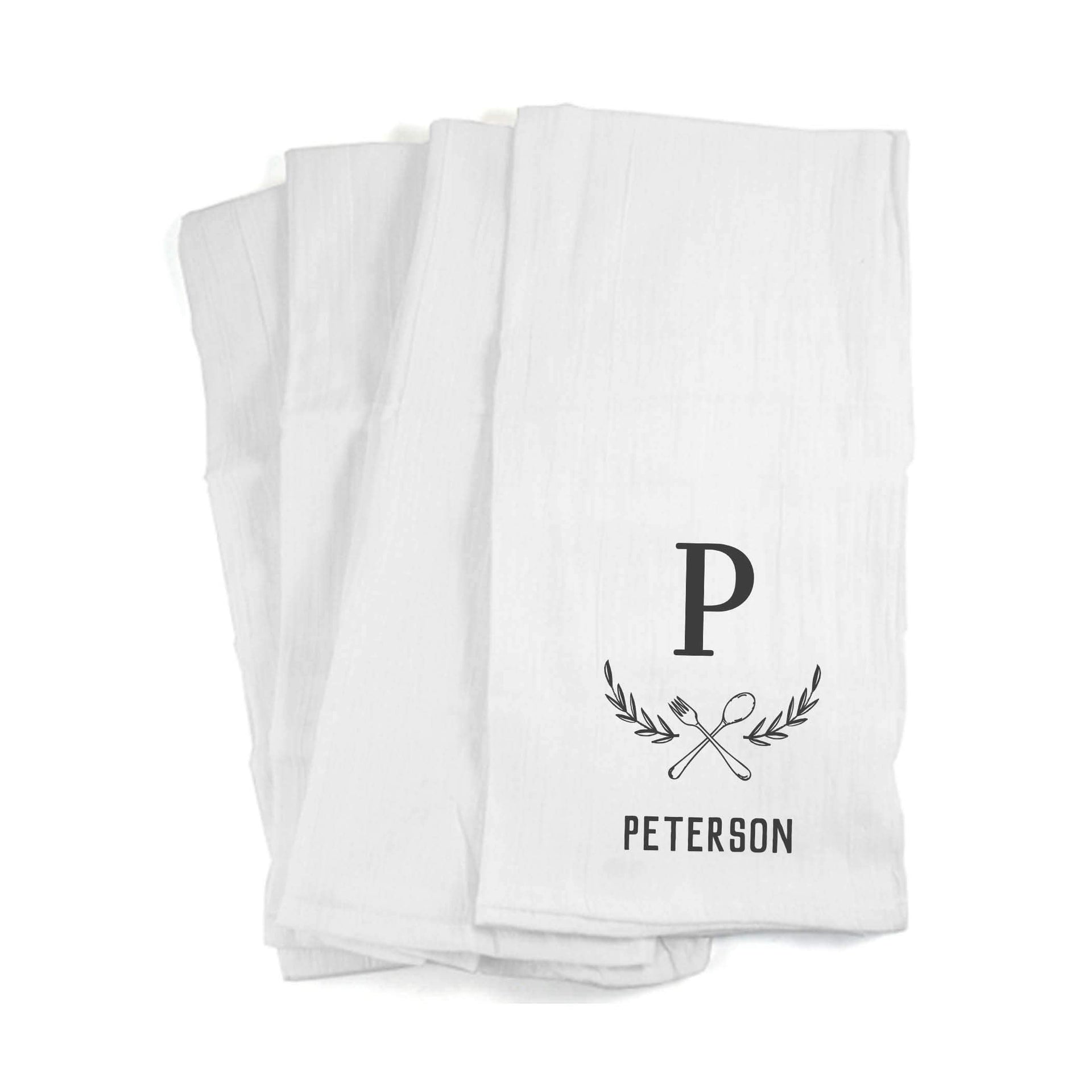 Kitchen towel custom printed with fork and spoon design and personalized with your initial and name.