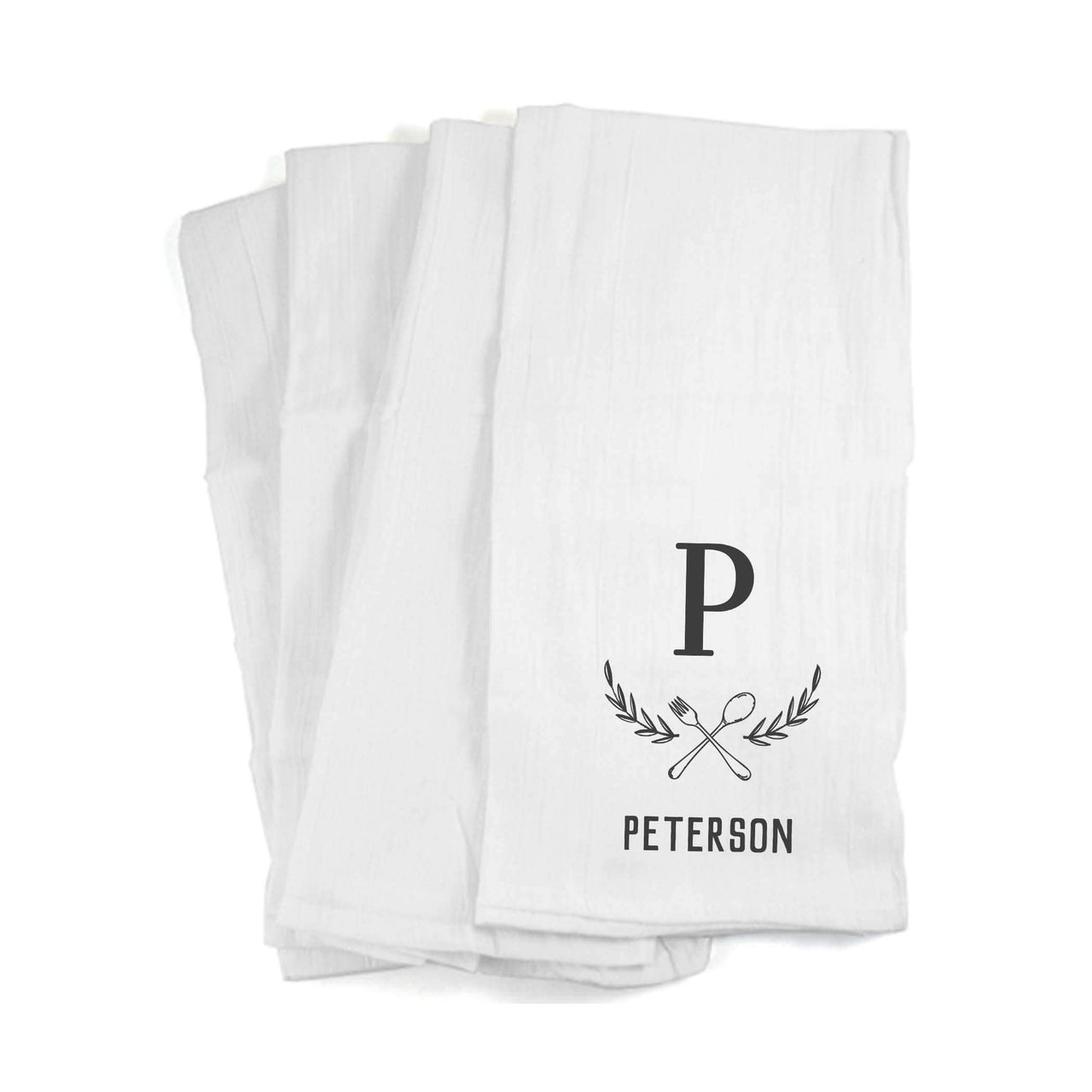 Kitchen towel custom printed with fork and spoon design and personalized with your initial and name.