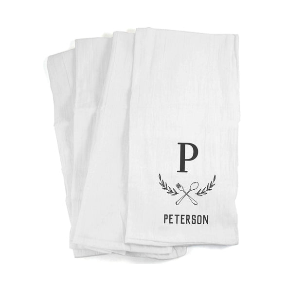 Kitchen towel custom printed with fork and spoon design and personalized with your initial and name.