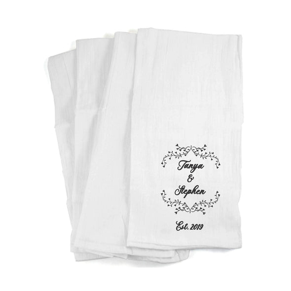 Custom printed kitchen towels with established year and names design.
