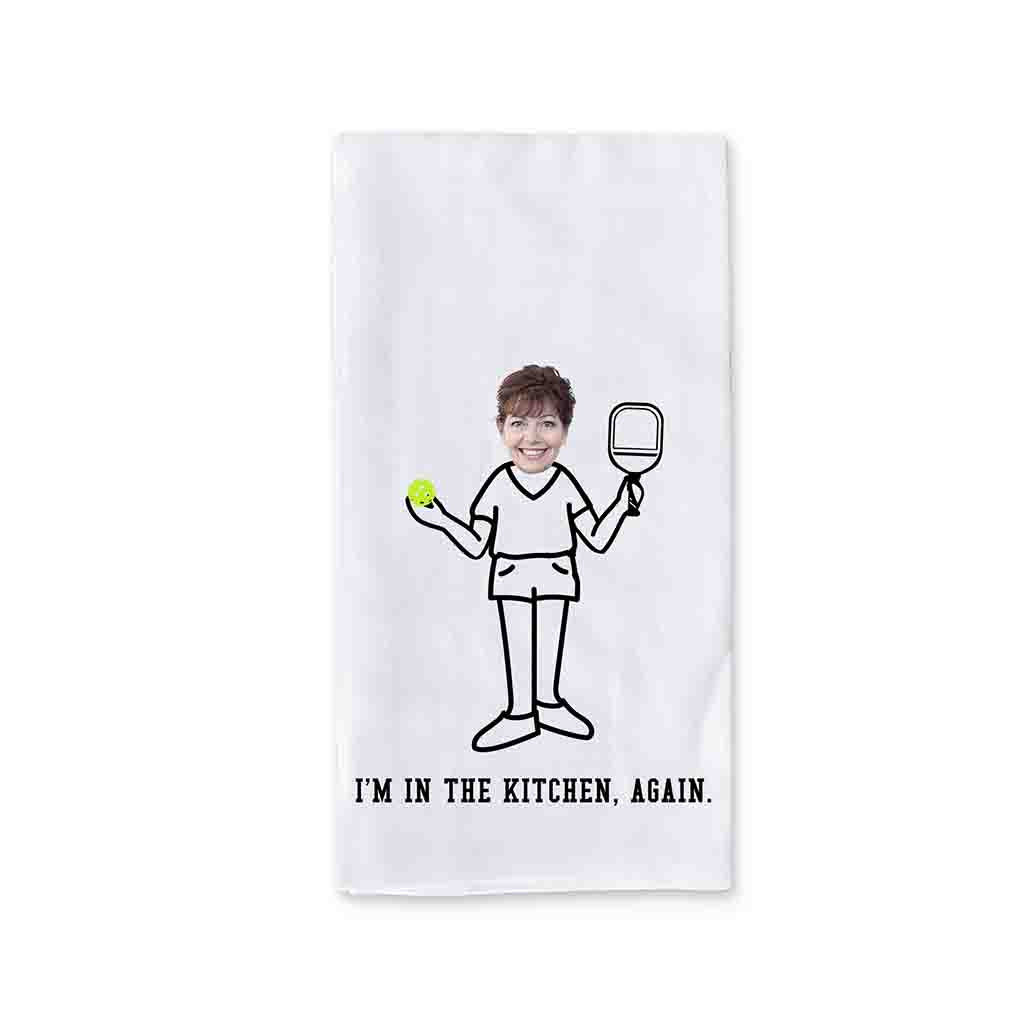 I'm in the kitchen again pickleball player digitally printed on dish kitchen towel personalized with your photo and initial with cute design.