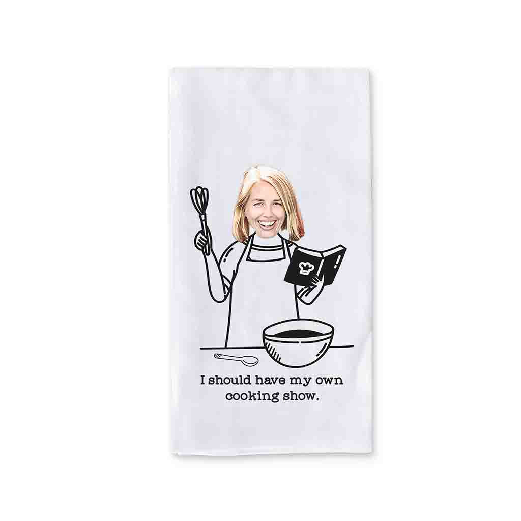 My own cooking show two piece dish towel set personalized with your initial and photo.