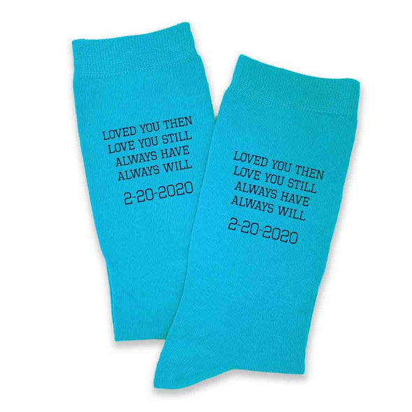 2 year anniversary turquoise socks personalized with a wedding date