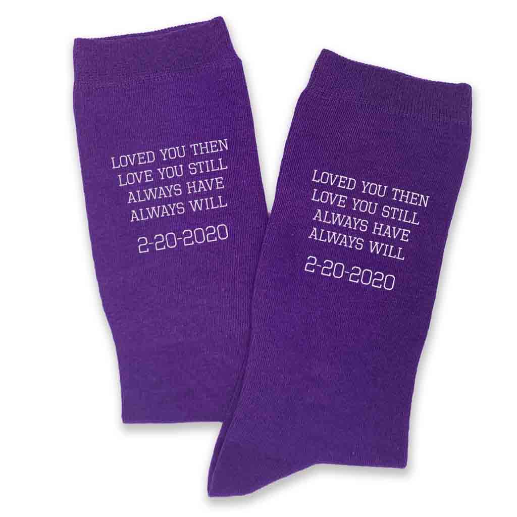 2 year anniversary purple socks personalized with a wedding date