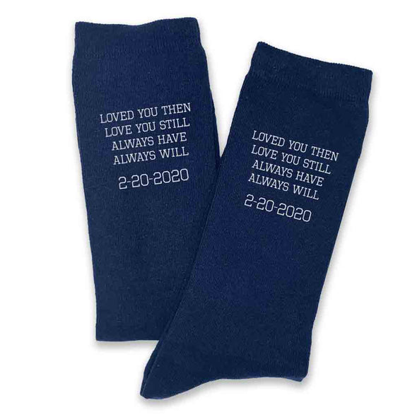 2 year anniversary navy socks personalized with a wedding date