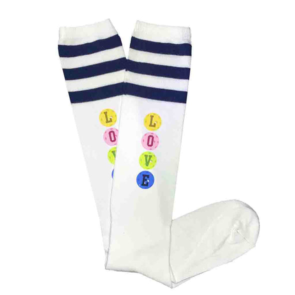 Love pickleball design custom printed on striped knee high socks.