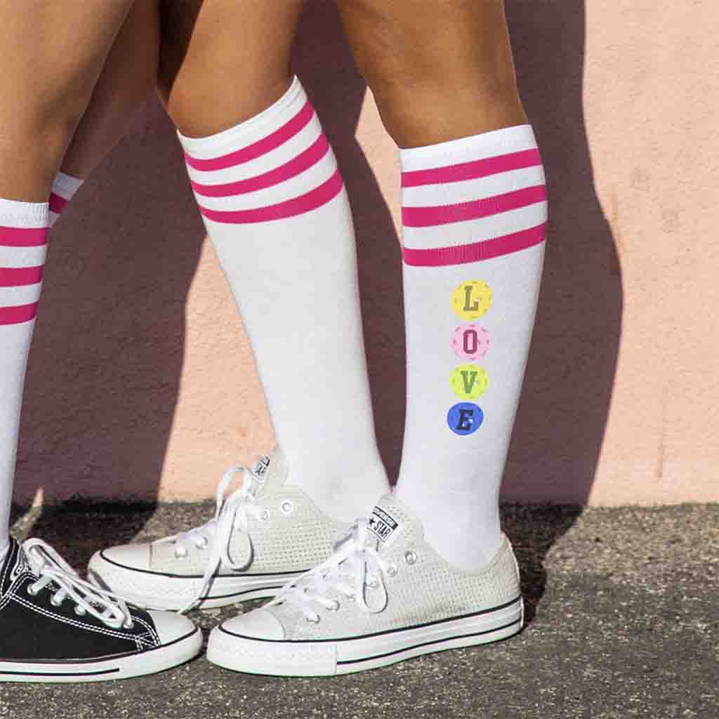 Love pickleball knee high socks for her custom printed by sockprints.