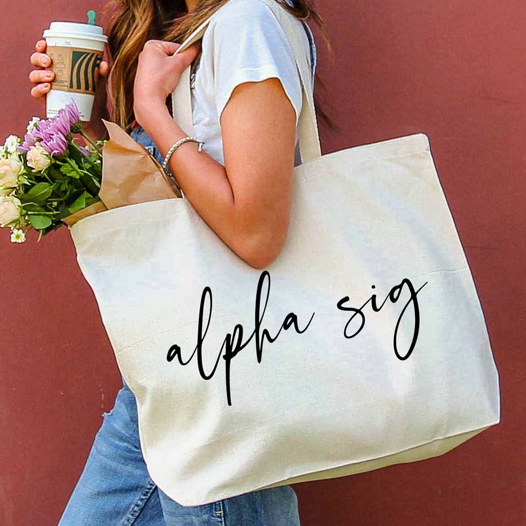 Alpha Sigma Alpha sorority nickname printed on a canvas tote bag in script writing is a great gift for your sorority sisters.