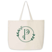 Large monogrammed bridesmaid tote bag personalized with a floral theme design.