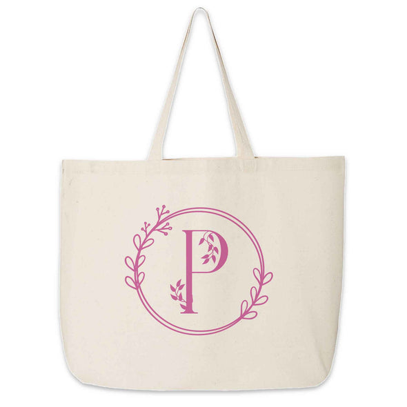 Large canvas tote bag digitally printed with monogram floral theme design perfect for the bridesmaid gifts.