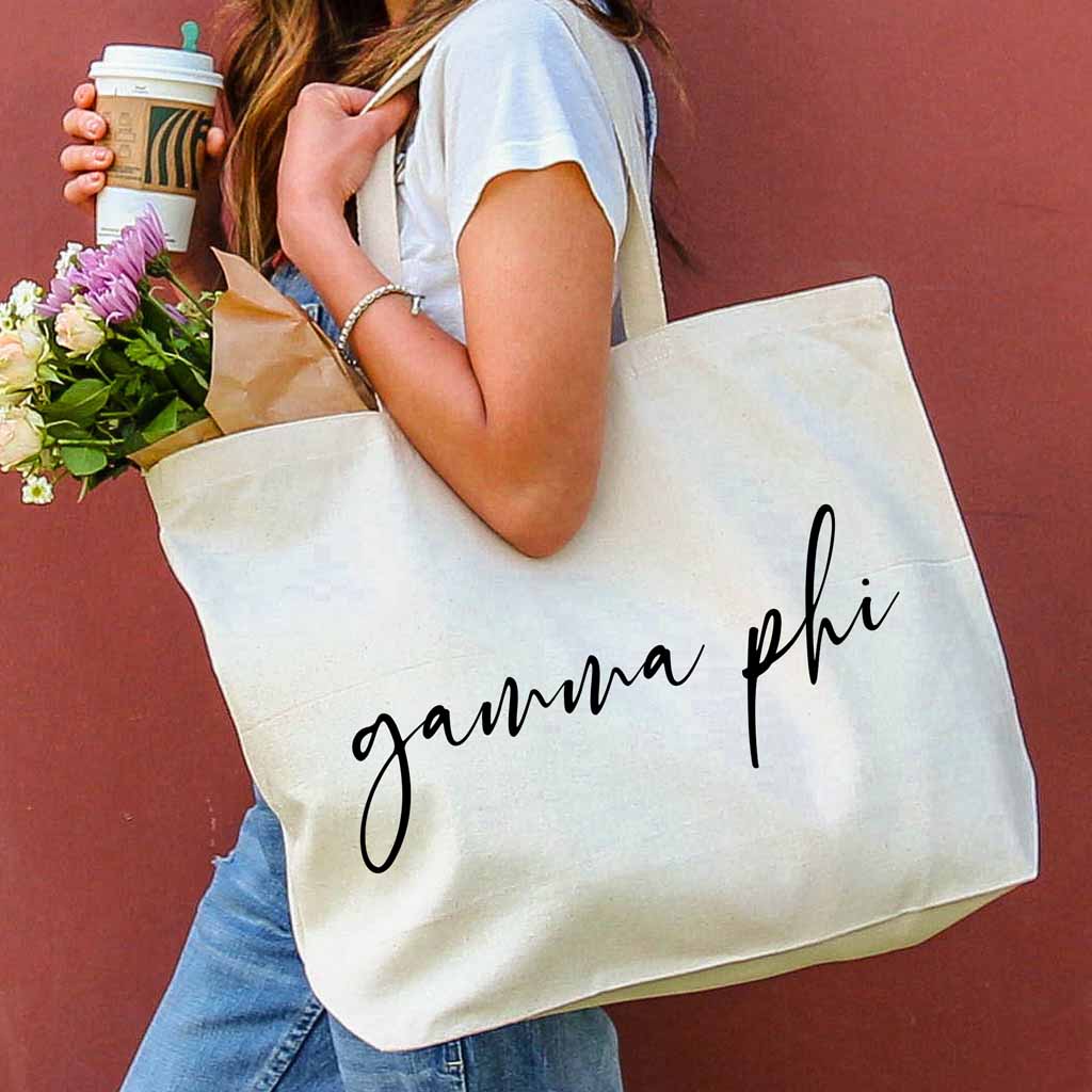 Gamma Phi Beta sorority nickname custom printed on roomy canvas tote bag is a great accessory for your college years.