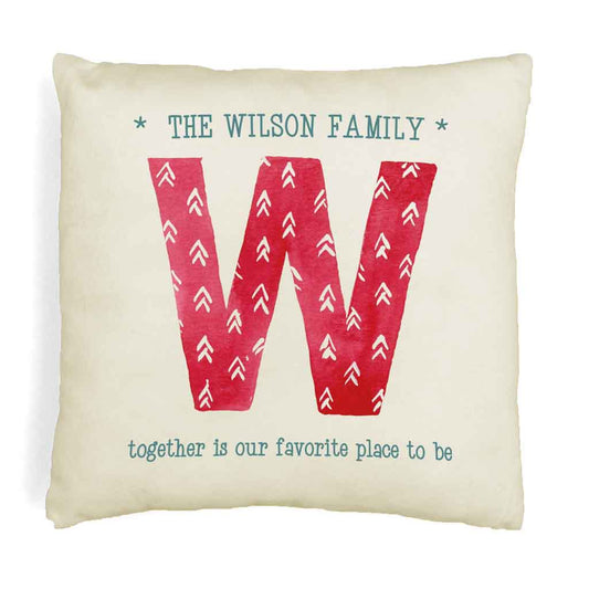 Custom printed holiday pillow with monogram and names digitally printed design on pillow cover.