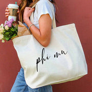 Phi Mu sorority nickname custom printed on roomy canvas tote bag is a great accessory for your college years