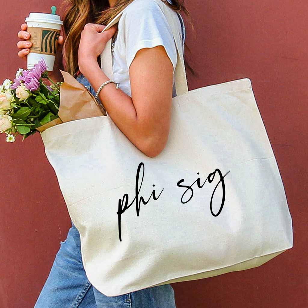 Phi Sig sorority nickname custom printed on roomy canvas tote bag is a great accessory for your college years