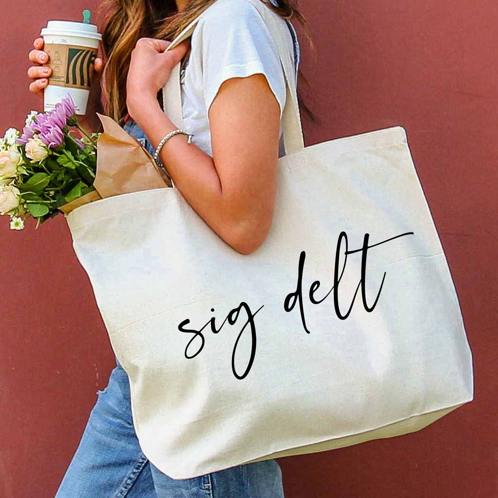 Sig Delt sorority nickname custom printed on roomy canvas tote bag is a great accessory for your college years