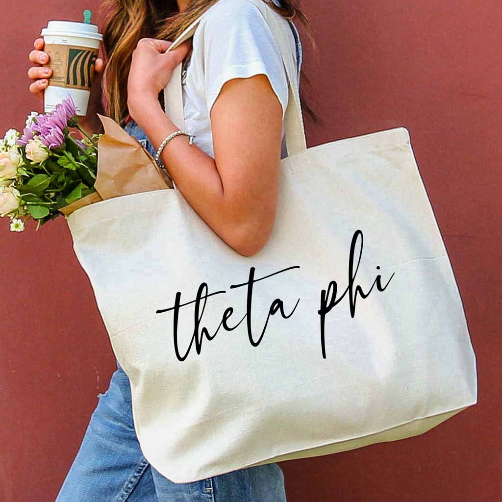 Theta Phi Alpha sorority nickname custom printed on roomy canvas tote bag is a great accessory for your college years
