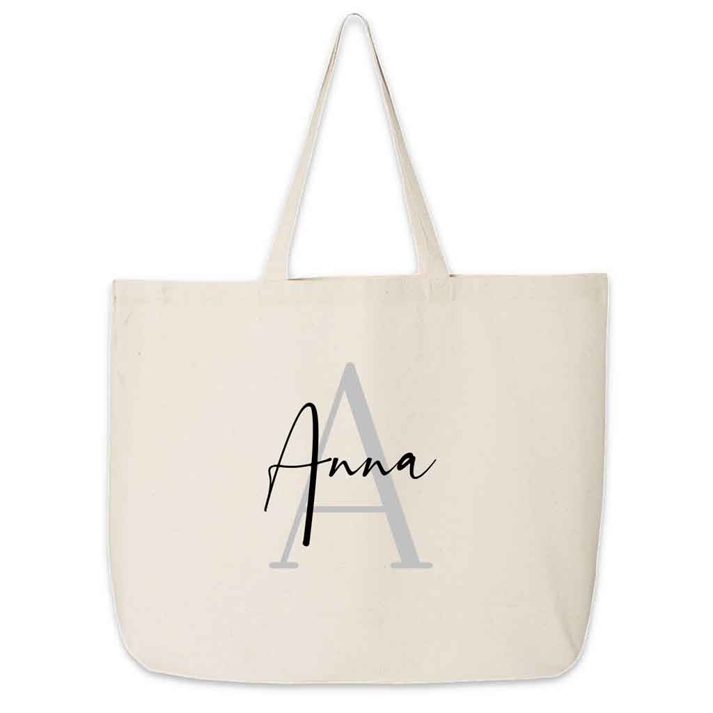 Canvas tote bag personalized with name and monogram initial.