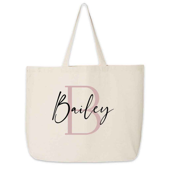 Large roomy canvas tote bag for the bridal party personalized with monogram and name.