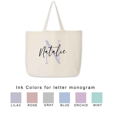 Bridal party large and roomy tote bag personalized with a stylized monogram and name.