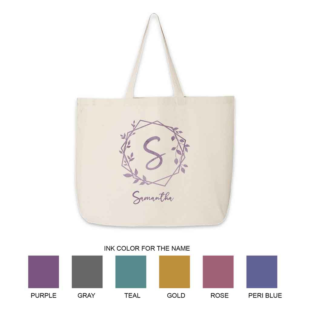 Bridal party large tote bag personalized with a stylized monogram and name.