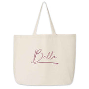 Roomy canvas tote bag for the bridal party personalized with a stylized name and design.