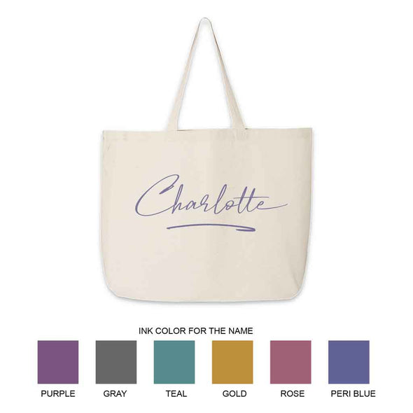 Roomy canvas tote bag for the bridal party personalized with a stylized name and design.