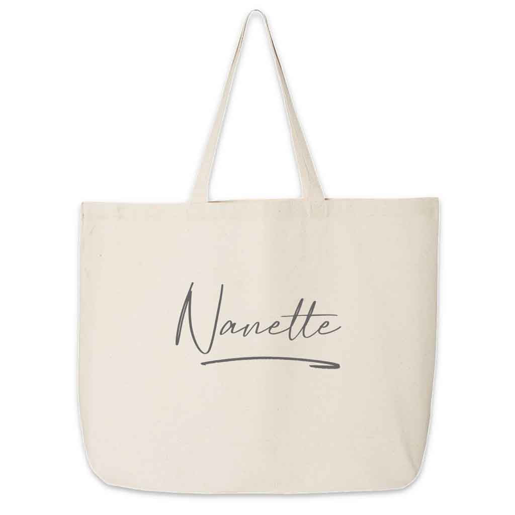 Roomy canvas tote bag for the bridal party personalized with a stylized name and design.