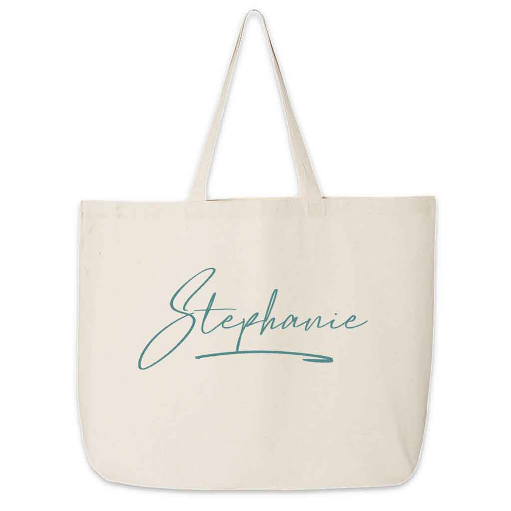 Roomy canvas tote bag for the bridal party personalized with a stylized name and design.