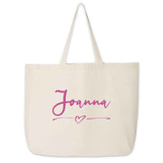 Personalized canvas tote bag digitally printed with heart design and your name.