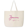 Personalized canvas tote bag digitally printed with heart design and your name.