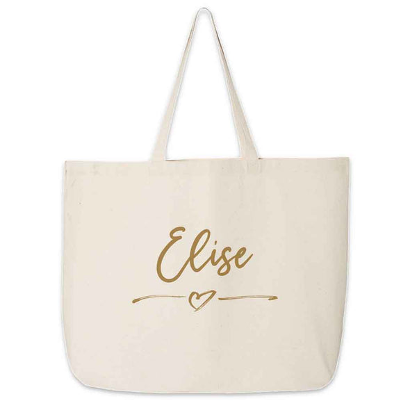 Super cute canvas tote bag digitally printed with your name and heart design.