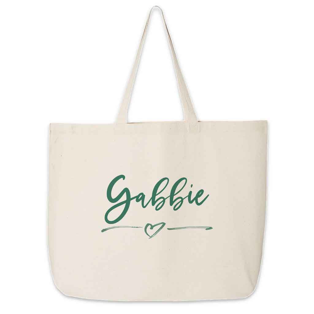 Roomy canvas tote bag for the bridal party custom printed and personalized with your name.
