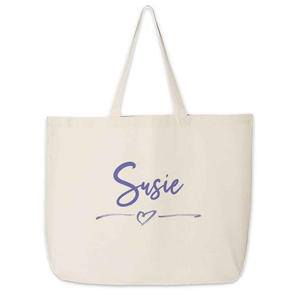 Canvas tote bag for the bridal party personalized with names and heart design.