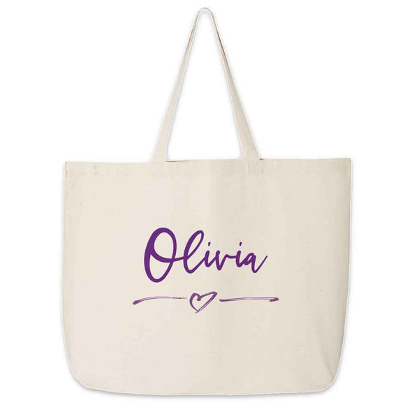 Roomy canvas tote bag personalized with your name.