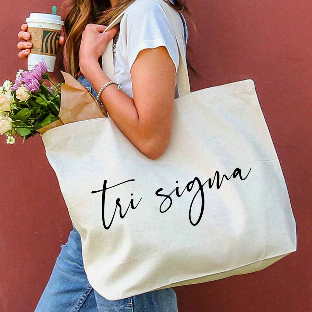 Sigma Sigma Sigma sorority nickname custom printed on roomy canvas tote bag is a great accessory for your college years