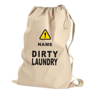 Custom printed canvas laundry bag with dirty laundry design and personalized with your name.