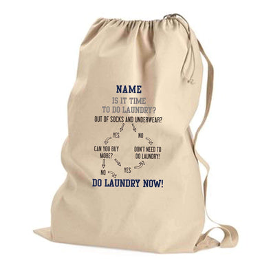 Custom printed laundry bag with funny flowchart personalized with your name and color choice.