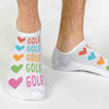 Golf socks for men or women custom printed with hearts and golf colorful design is the perfect accessory for tee time.