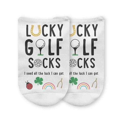 Lucky golf socks design printed on comfy white cotton no show socks are perfect for any golf event.