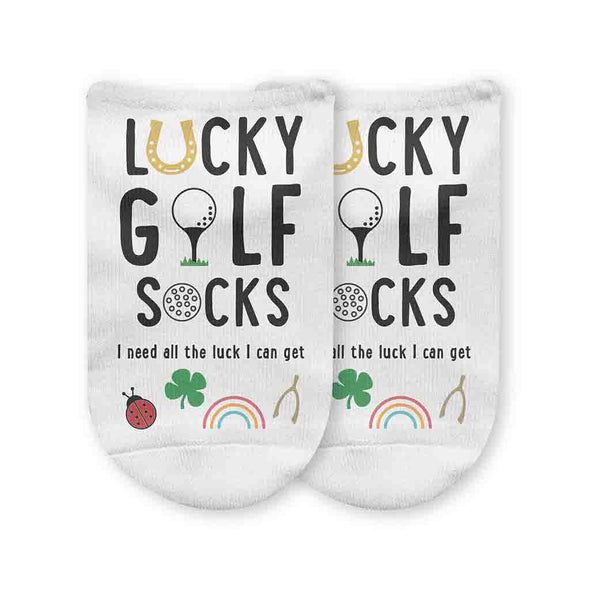 Lucky golf socks design printed on comfy white cotton no show socks are perfect for any golf event.