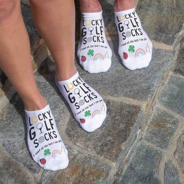 Fun golf socks with lucky golf design printed on comfortable no show cotton socks, keeping feet happy through a round of golf.