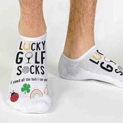 Lucky golf socks super cute design digitally printed on the top of the white cotton no show socks are the perfect accessory for a golf tournament.