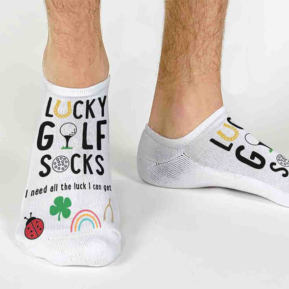 Lucky golf socks super cute design digitally printed on the top of the white cotton no show socks are the perfect accessory for a golf tournament.