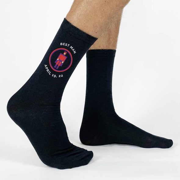 Personalized groom wedding socks with a Superheroes inspired theme printed on the sides of the flat knit dress socks.