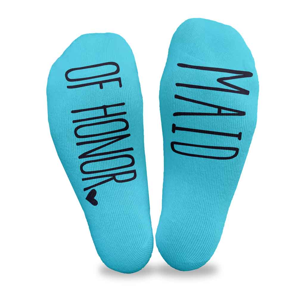 Super cute bridesmaids gifts with wedding role digitally printed on the bottom sole of the socks.