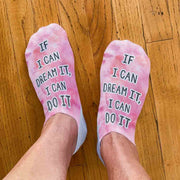 Custom printed cotton no show socks digitally printed with tie dye design and inspirational quote.