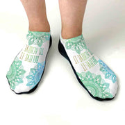 Believe it achieve it positive affirmation design custom printed on no show socks with gripper sole.