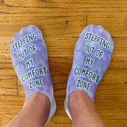 Stepping out of my comfort zone tie dye design custom printed on no show socks.