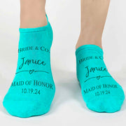 Amazing tiffany style design digitally printed in black ink on turquoise no show socks made special for your entire bridal party.
