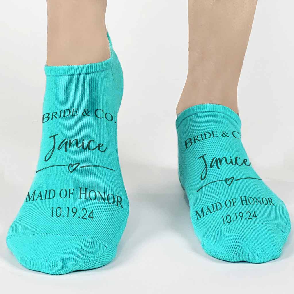 Amazing tiffany style design digitally printed in black ink on turquoise no show socks made special for your entire bridal party.